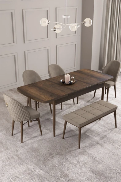 Calvin Barok 80x132 Açılabilir Mdf Masa Yemek Odası Takımı, Mutfak Takımı 4 Sandalye, 1 Bench Cappuccino - 2