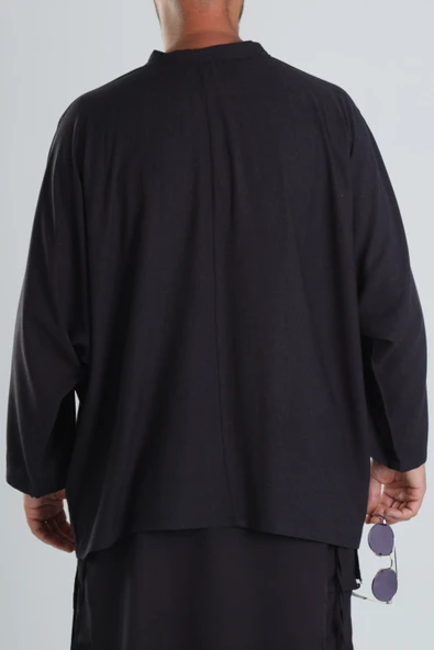 Keten Kumaş Oversize Siyah Tasarım T-Shirt - 4