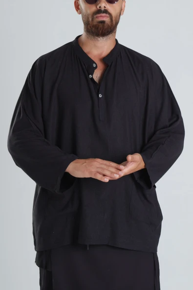 Keten Kumaş Oversize Siyah Tasarım T-Shirt - 3