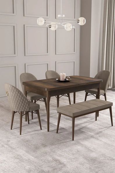 Calvin Barok 80x132 Açılabilir Mdf Masa Yemek Odası Takımı, Mutfak Takımı 4 Sandalye, 1 Bench Cappuccino