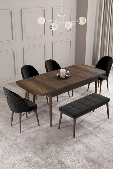 Calvin Barok 80x132 Açılabilir Mdf Masa Yemek Odası Takımı, Mutfak Takımı 4 Sandalye, 1 Bench Siyah - 2