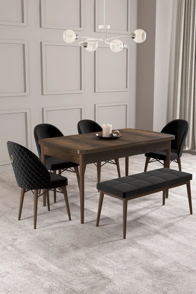 Calvin Barok 80x132 Açılabilir Mdf Masa Yemek Odası Takımı, Mutfak Takımı 4 Sandalye, 1 Bench Siyah