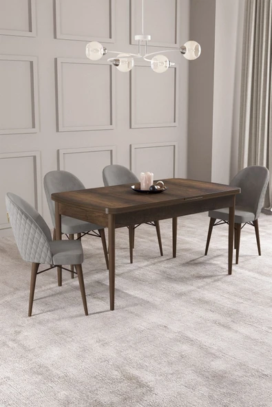 Calvin Barok Desen 80x132 Mdf Açılabilir Mutfak Masası Takımı 4 Adet Sandalye Gri