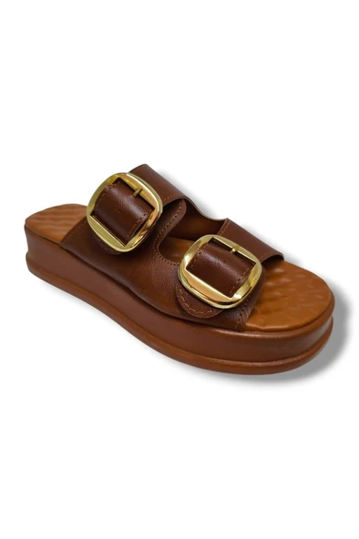 Şanzelize K105-25 Deri Anatomik Çift Bant Dolgu Taban Kadın Terlik - 10