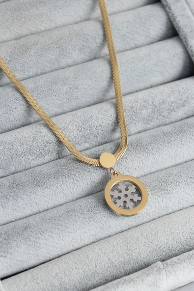 316L Çelik Gold Renk İtalyan Zincir Model Gümüş Kar Tanesi Figür Kadın Kolye - TJ-BKO7674 ürün görseli 1