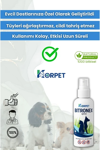 KorPet Bitronex Sprey 100 Kedi, Köpek, Kuş, Tavşan,Bit, Pire ,Kene, Karınca, Deri Tüy Bakım Ürünü - Resim 3
