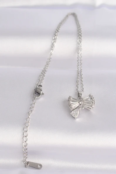 316L Çelik Zincir Gümüş Renk Zirkon Taşlı Kalp Detay Fiyonk Kolye - TJ-BKO8602 - Resim 2