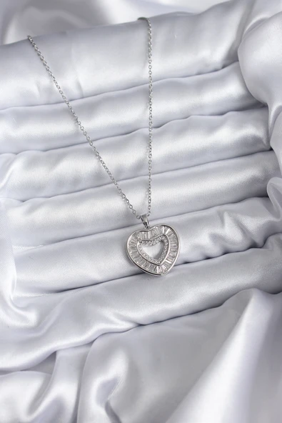 316L Çelik Zincir Gümüş Renk Baget Zirkon Taşlı Kadın Kolye - TJ-BKO7824 - Resim 2