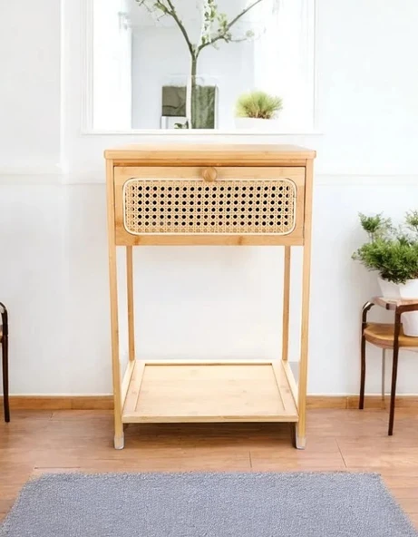 Bambu 2 Katlı Çekmeceli Oturma Odası Yatak Odası Komodini Rattan Komodin - Resim 2