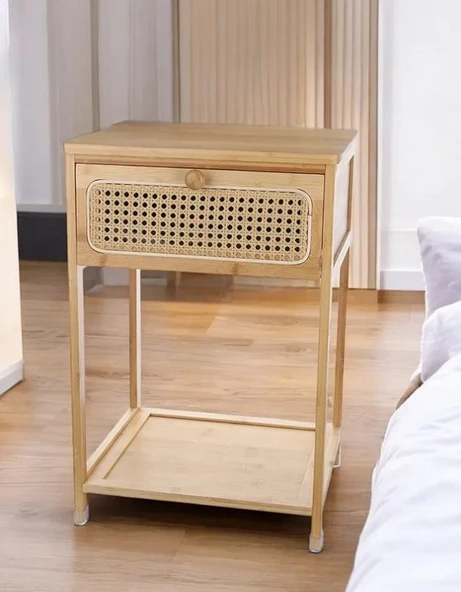 Bambu 2 Katlı Çekmeceli Oturma Odası Yatak Odası Komodini Rattan Komodin - Resim 4