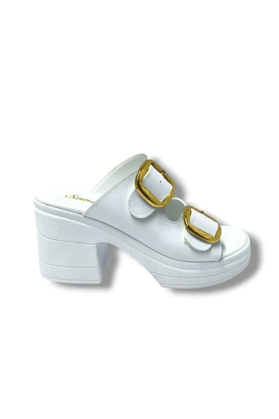 Şanzelize K505-25 Deri Anatomik Çift Bant  Dolgu Topuklu Kadın Terlik - Resim 2