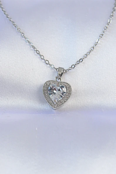 316L Çelik Zincir Gümüş Renk Zirkon Taşlı Charm Kalp Kolye - TJ-BKO8744 ürün görseli 1