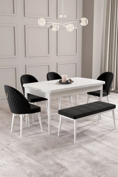 Calvin Beyaz 80x132 Açılabilir Mdf Masa Yemek Odası Takımı, Mutfak Takımı 4 Sandalye, 1 Bench Siyah