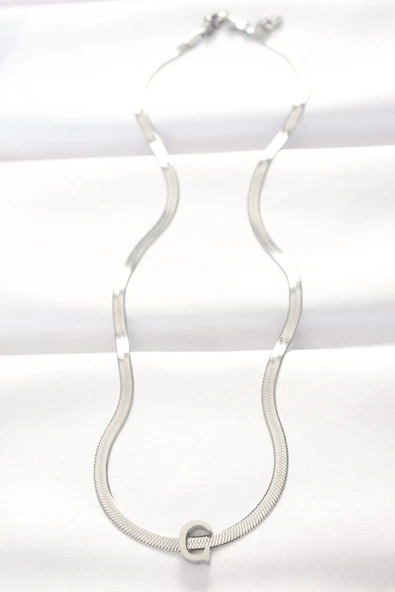 316L Çelik C Harfli Silver Renk İtalyan Zincirli Kolye - TJ-BKO8538 - Resim 2