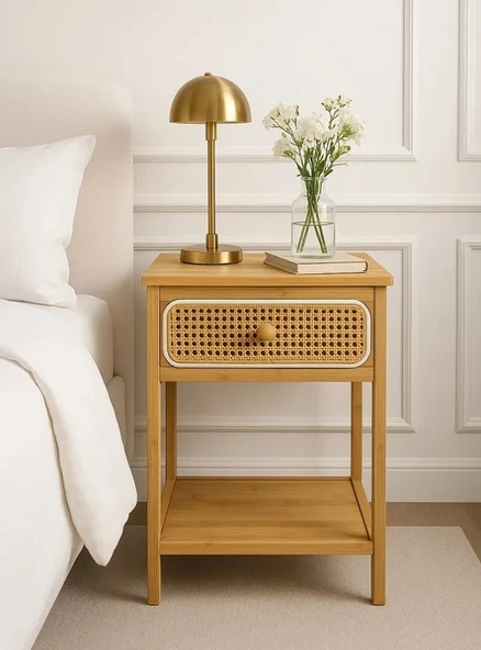 Bambu 2 Katlı Çekmeceli Oturma Odası Yatak Odası Komodini Rattan Komodin - Resim 5