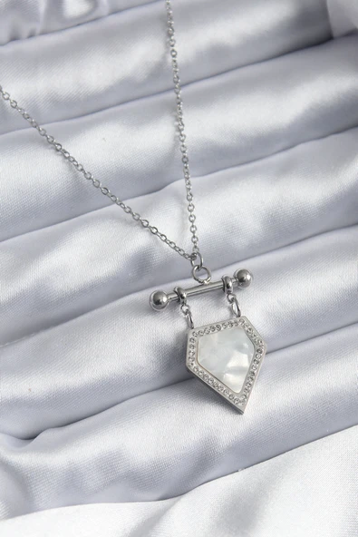 316L Çelik Gümüş Renk Zirkon Taş Detay Kadın Kolye - TJ-BKO7896 ürün görseli 1