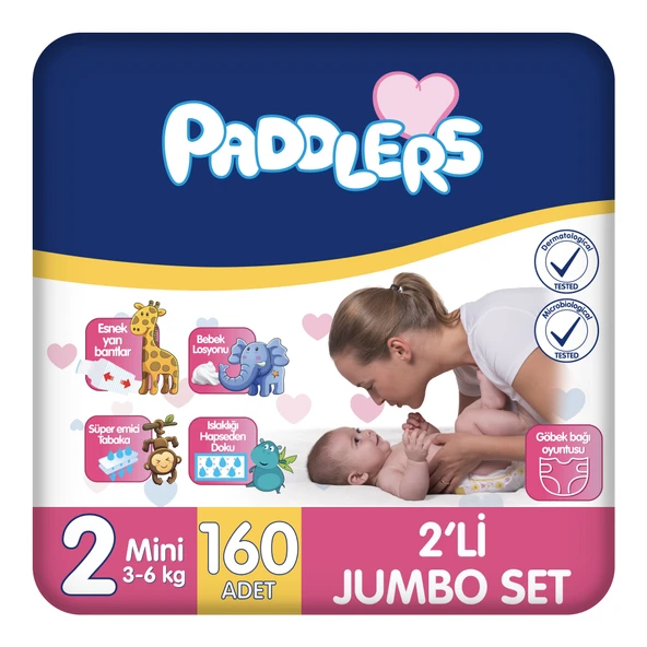 Paddlers Bebek Bezi 2 Numara Mini 160 Adet (3-6 Kg) 2'li Jumbo Set ürün görseli