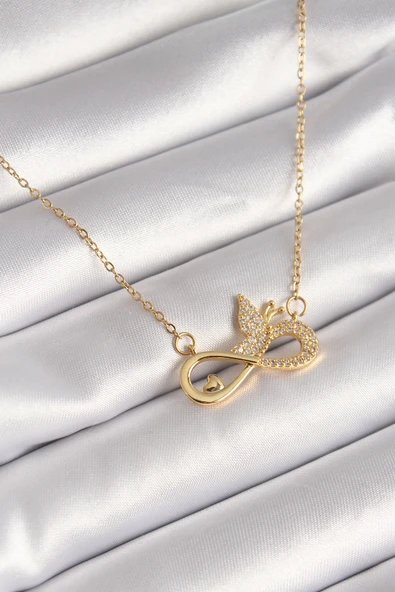 316L Çelik Gold Renk Zirkon Zincir Taşı Sonsuzluk Kelebek Model Kadın Kolye - TJ-BKO8386 ürün görseli 1