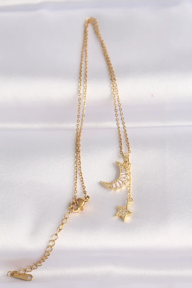 316L Çelik Zincir Altın Renk Zirkon Taşlı Ay Yıldız Kolye - TJ-BKO8626 - Resim 2