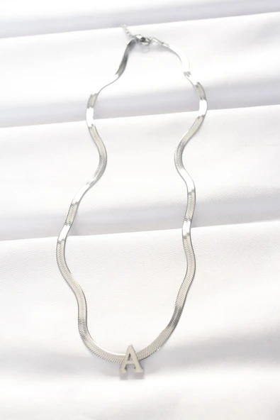 316L Çelik A Harfli Silver Renk İtalyan Zincirli Kolye - TJ-BKO8546 - Resim 2