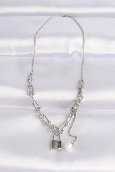 316L Çelik Zincir Gümüş Renk Tiffany Zincirli Love Yazılı Kilit Kolye - TJ-BKO8633 - Resim 2