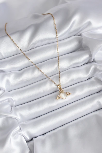 316L Çelik Gold Renk Kanatlı Kalp Model Zirkon Taşlı Kadın Kolye - TJ-BKO8119 - Resim 2
