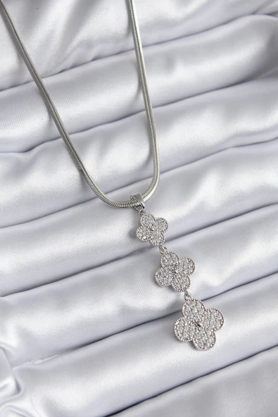 316L Çelik Gümüş Renk İtalyan Zincir Zirkon Taşı Yonca Model Kadın Kolye - TJ-BKO8152 ürün görseli 1