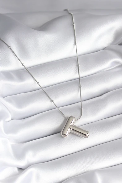 316L Çelik Gümüş Renk Bubble "T" Harf Model Kadın Kolye - TJ-BKO8295 - 2