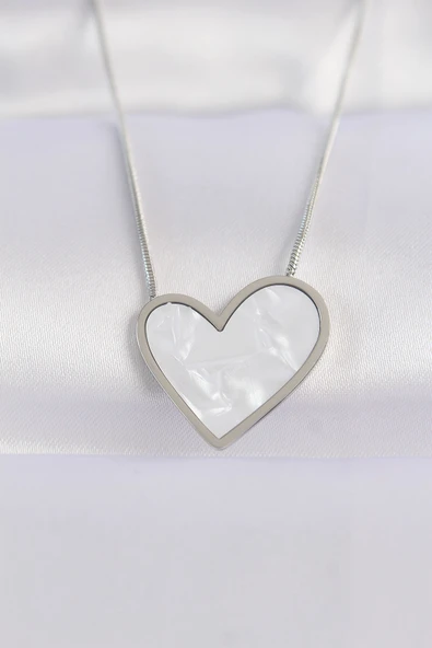 316L Çelik Zincir Gümüş Renk Mermer Desenli Kalp Kolye - TJ-BKO8656 ürün görseli 1