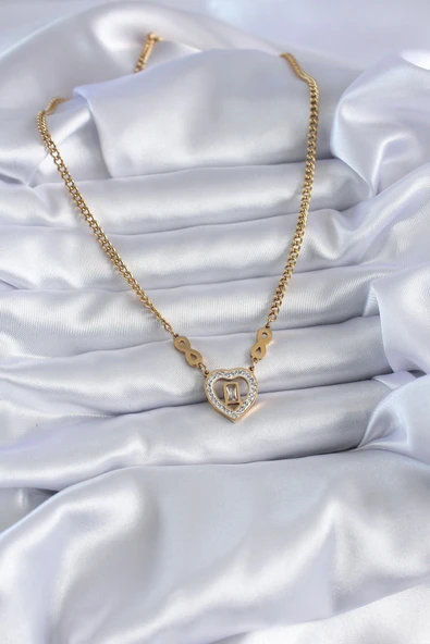316L Çelik Gold Renk Zirkon Taşlı Kalp Model Sonsuzluk Detay Kadın Kolye - TJ-BKO7789 - Resim 2