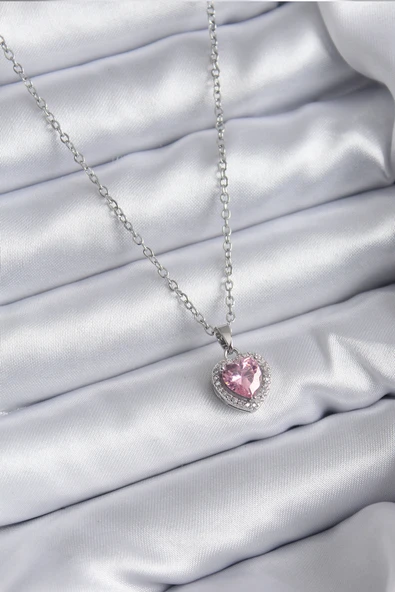 316L Çelik Zincir Gümüş Renk Pembe Zirkon Taş Charm Model Kadın Kolye - TJ-BKO7853 ürün görseli 1