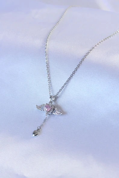 316L Çelik Gümüş Renk Kanatlı Kalp Figür Zirkon Taş Detay Kadın Koyle - TJ-BKO7451 - Resim 2