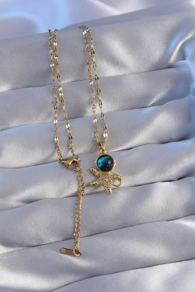 316L Çelik Zincir Gold Renk Zirkon Taşlı Astronot Figürlü Gezegen Kolye - TJ-BKO8824 - Resim 2