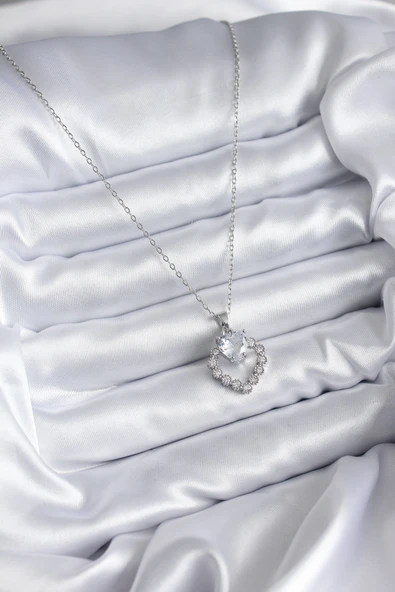 316L Çelik Zincir Gümüş Renk Zirkon Taşlı Kalp Model Kadın Kolye - TJ-BKO7829 - Resim 2