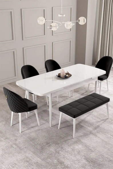 Calvin Beyaz 80x132 Açılabilir Mdf Masa Yemek Odası Takımı, Mutfak Takımı 4 Sandalye, 1 Bench Siyah - 2