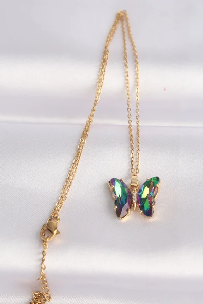 316L Çelik Zincir Altın Renk Zincir Yeşil Kelebek Model Renkli Zirkon Taşlı Kolye - TJ-BKO8614 - Resim 2