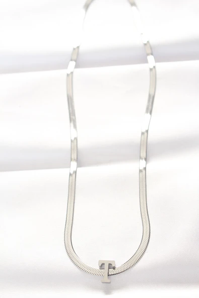 316L Çelik T Harfli Silver Renk İtalyan Zincirli Kolye - TJ-BKO8535 - Resim 2