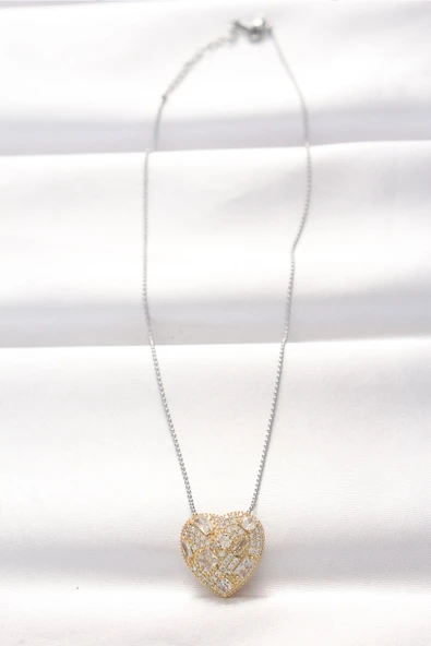 316L Çelik Çift Renk Zirkon Taşlı Kalp Kolye - TJ-BKO8521 - Resim 2