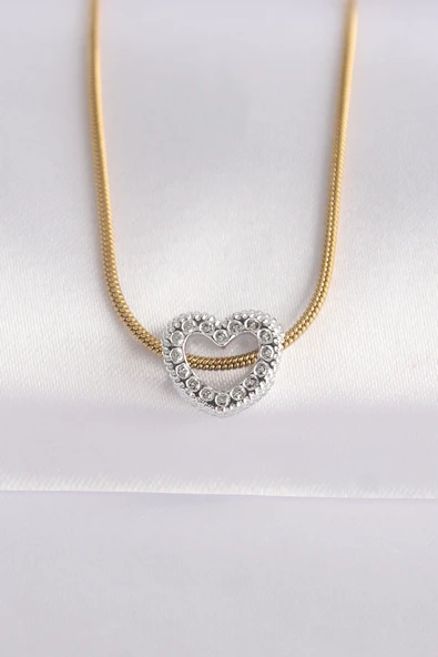 316L Çelik Zincir Altın Renk Zincirli Gümüş Renk Kalp Tasarımlı Kolye - TJ-BKO8609 ürün görseli 1