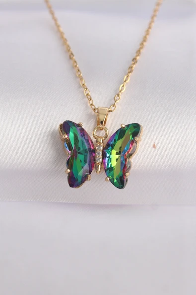 316L Çelik Zincir Altın Renk Zincir Yeşil Kelebek Model Renkli Zirkon Taşlı Kolye - TJ-BKO8614 ürün görseli 1