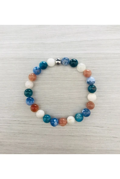 MK TASARIM GERÇEK; AYTAŞI, APATİT TAŞI, MAVİ KUVARS TAŞI, GÜNEŞ TAŞI BİLEKLİK MKT062 ürün görseli