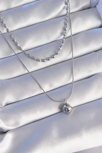 316L Çelik Çift Zincirli Gümüş Renk Topçuk Model Kolye - TJ-BKO8881 ürün görseli 1