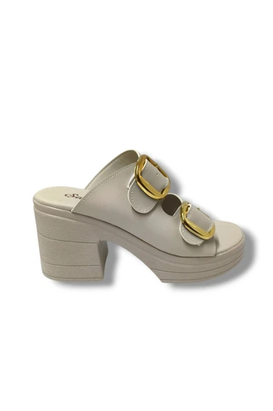 Şanzelize K505-25 Deri Anatomik Çift Bant  Dolgu Topuklu Kadın Terlik - Resim 5