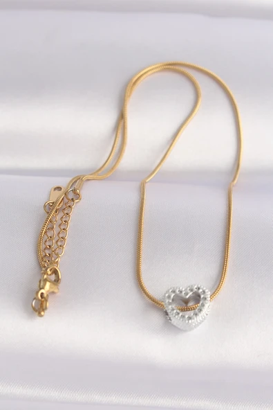 316L Çelik Zincir Altın Renk Zincirli Gümüş Renk Kalp Tasarımlı Kolye - TJ-BKO8609 - Resim 2