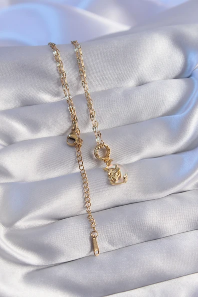 316L Çelik Zincir Gold Renk Zirkon Taşlı Sedefli Ay Figürlü Kolye - TJ-BKO8805 - Resim 2