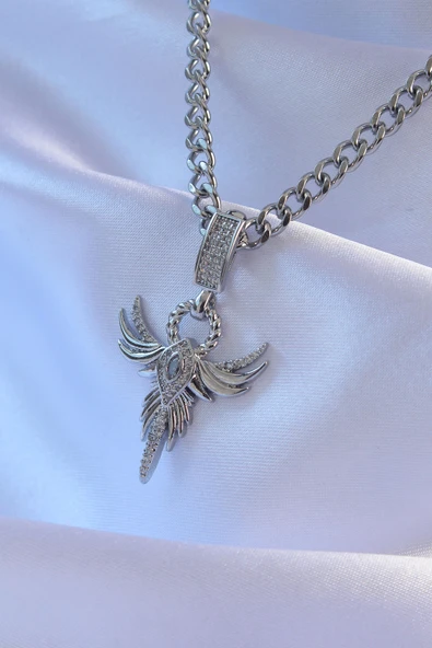 316L Çelik Gümüş Renk Zirkon Taşlı Anka Kuşu Model Kolye - TJ-BKO8896 - Resim 2
