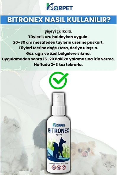 KorPet Bitronex Sprey 100 Kedi, Köpek, Kuş, Tavşan,Bit, Pire ,Kene, Karınca, Deri Tüy Bakım Ürünü - Resim 4