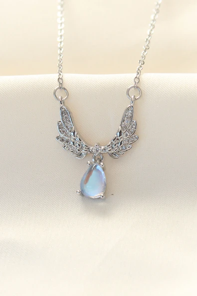 316L Zinciri Çelik Zirkon Taşlı Gümüş Renk Kanatlı Damla Kolye - TJ-BKO8488