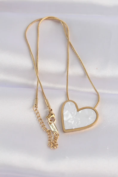 316L Çelik Zincir Altın Renk Mermer Desenli Kalp Kolye - TJ-BKO8657 - Resim 2