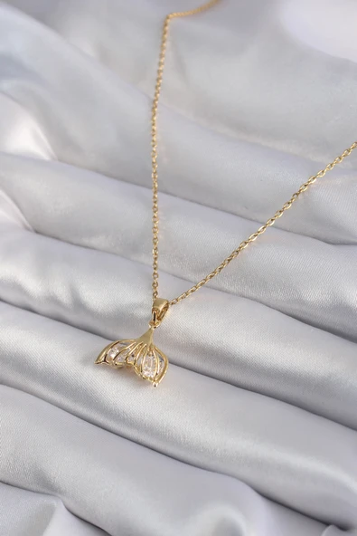 316L Çelik Gold Renk Zirkon Taşlı Balık Kuyruğu Model Kadın Kolye - TJ-BKO8348 - 2
